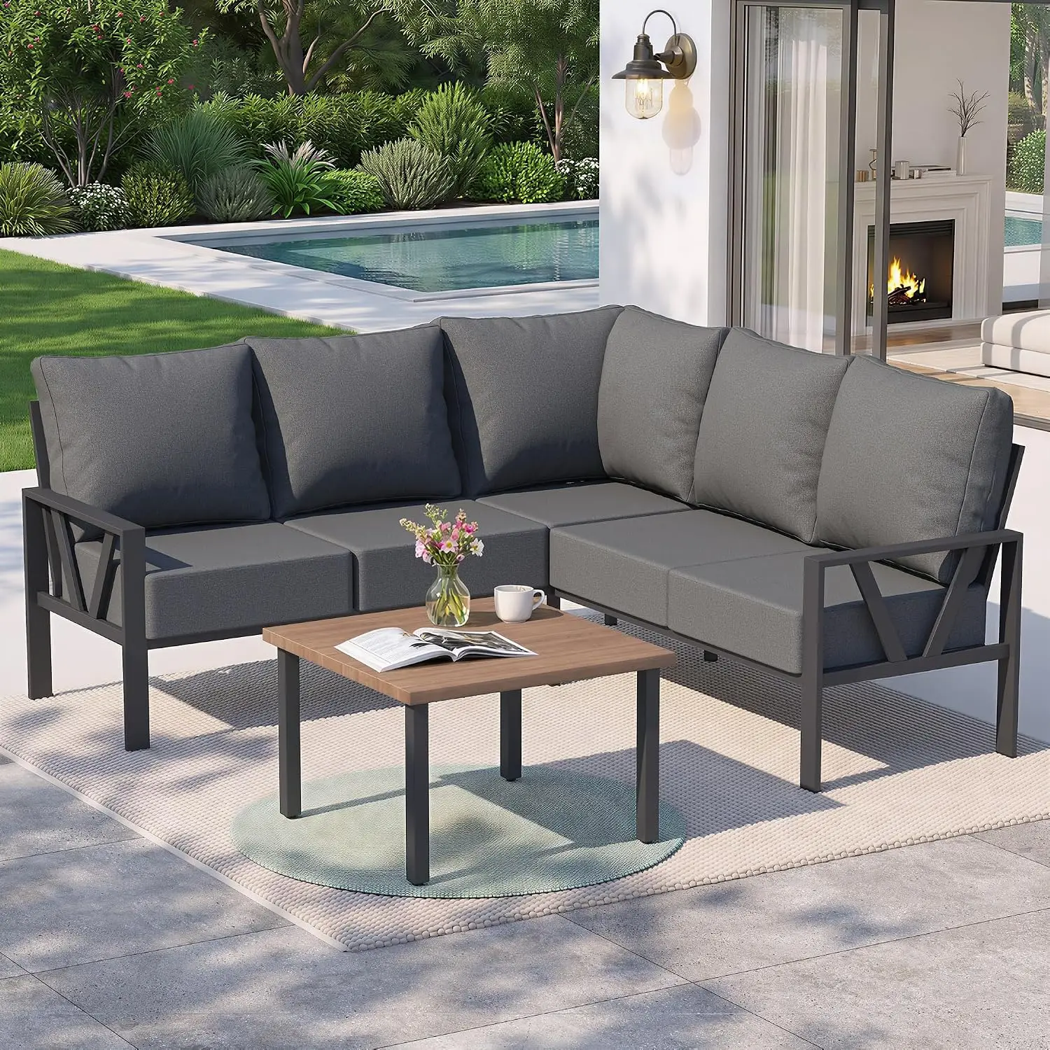 Metal Outdoor Sectional Sofa 6 Inch Cushion Patio Garden Furniture Set, Customized