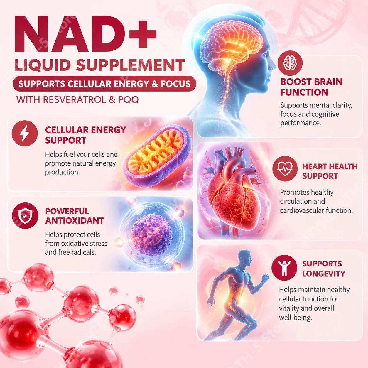 NAD+ Liquid Supplement 1000mg Boost Cellular Energy Reverse Fatigue Boost Cognitive Clarity Resveratrol PQQ Formula, 30 Packets