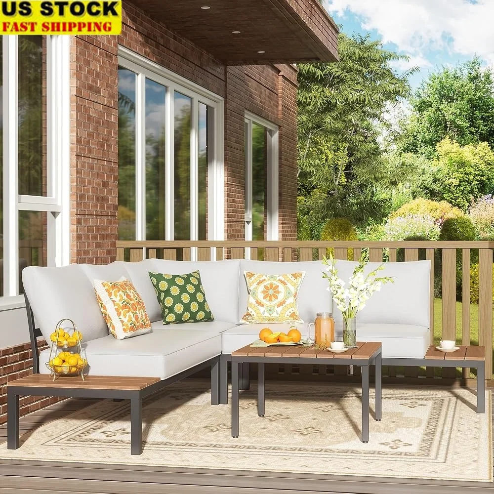 

L Shape Outdoor Sectional Sofa Metal Couch Patio Furniture Set with Detachable Backrest Fauxwood Tables Comfortable Cushions