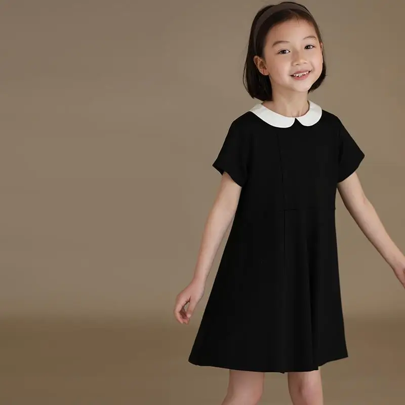 

4-14 Years Kids Petter Pan Collar Dresses for Girls Summer Short Sleeve Dress Children Black Princess Dress Clothing