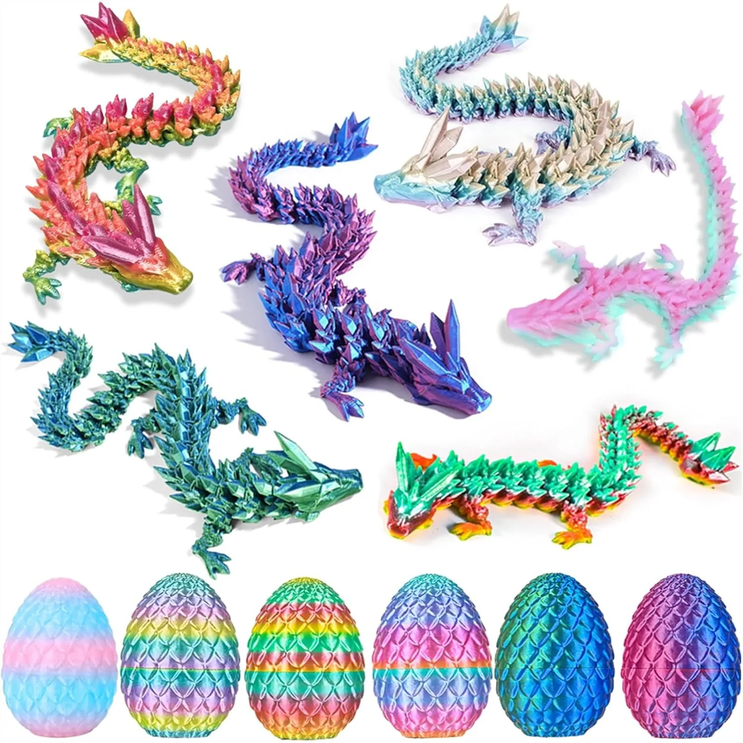 

6PCS 3D Printed Dragon Eggs with Dragon Inside, Easter Basket Stuffers Mini Mystery Crystal Fidget Toy, Poseable Surprise