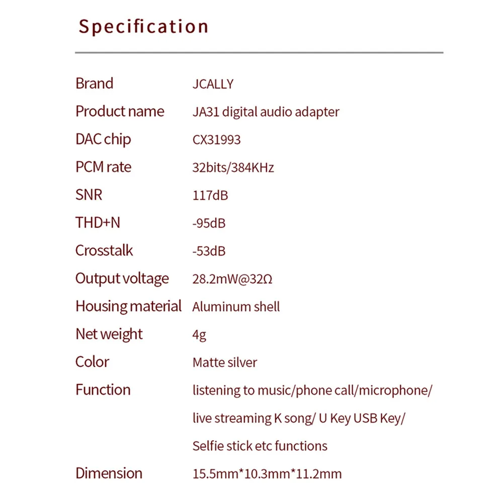 JCALLY JA31 Audio Digital Tipe c sampai 3.5mm adaptor Mini portabel DAC CX3193 adaptor Headphone telepon