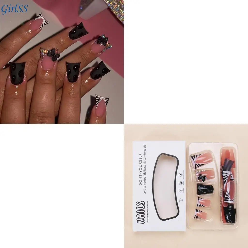 アヒルネイルチップ フェイクネイルグルーオンネイルスティックオンネイル ラインストーン付き プレスオンネイル 人工付け爪 レディース T4MB