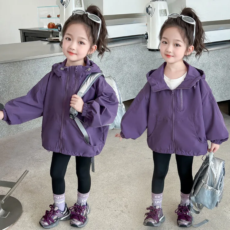 

2026 Winter Girls' Stylish Solid Color Hooded Jacket, Autumn Casual Zip- Up Outerwear, Long-Sleeve Coat for Toddlers Kids' Coat