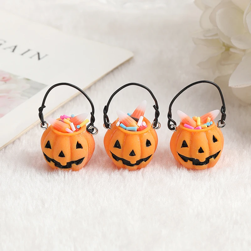 

4Pcs Halloween Charm 3D Resin Pumpkin Basket Pendant Fashion Accessories For Diy Making