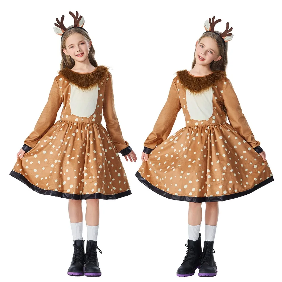 Girls Forest Spotted Deer Dress Kids Animal Costume With Antler Headband Halloween Enchanted Forest Theme Outdoor Outfit PS66