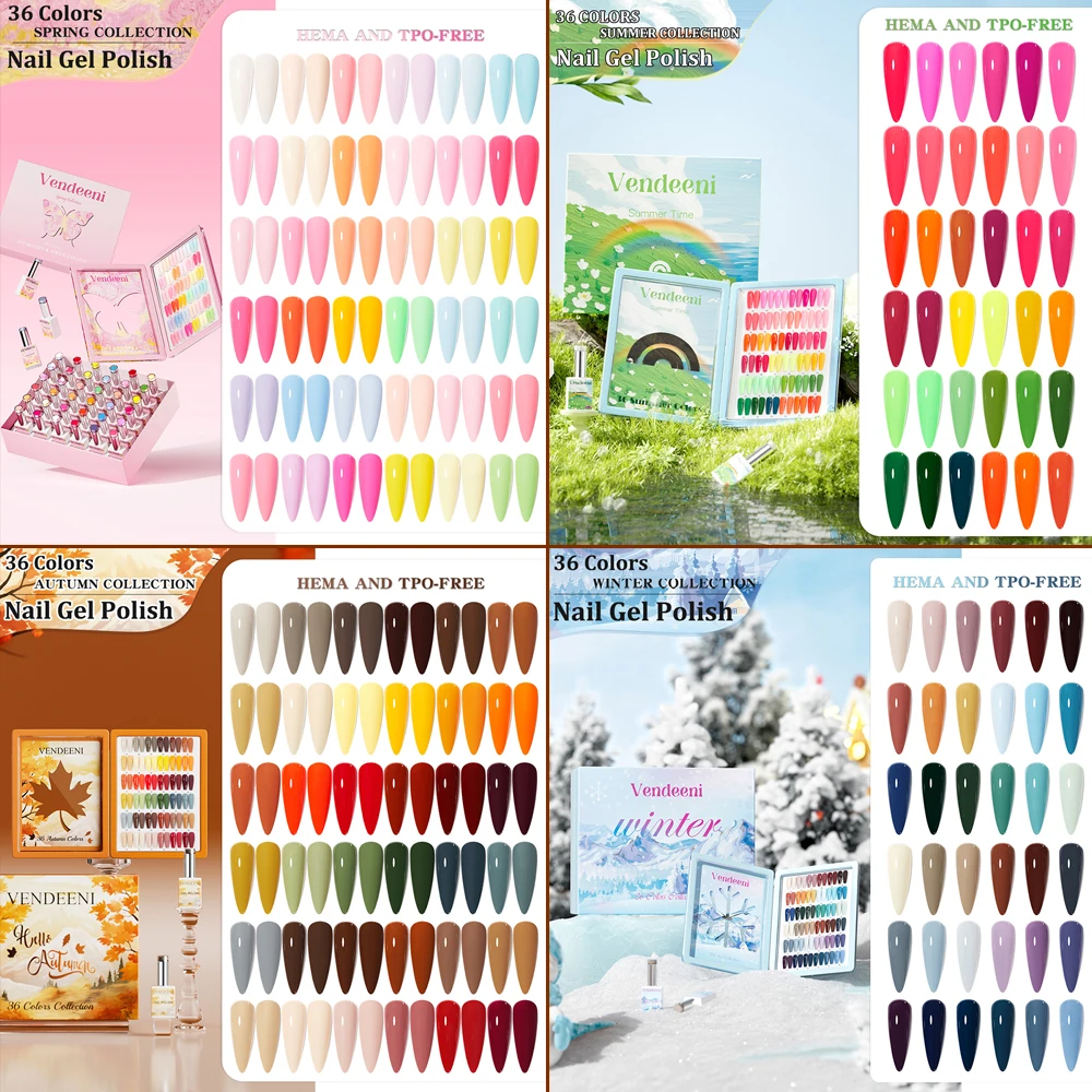 

Vendeeni 36 Colors/set High Pigment Four Seasons Pure Color Gel Nail Polish Red Green Nail Varnish With Color Card TPO/HEMA Free