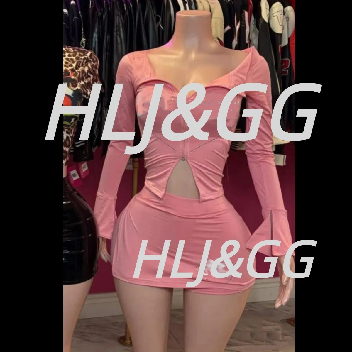 

HLJ Trend Y2K Letter Rhinestone Mini Skirts Two Piece Sets Women Off Shoulder Zip Long Sleeve Top + Skirts Outfits Streetwear BR