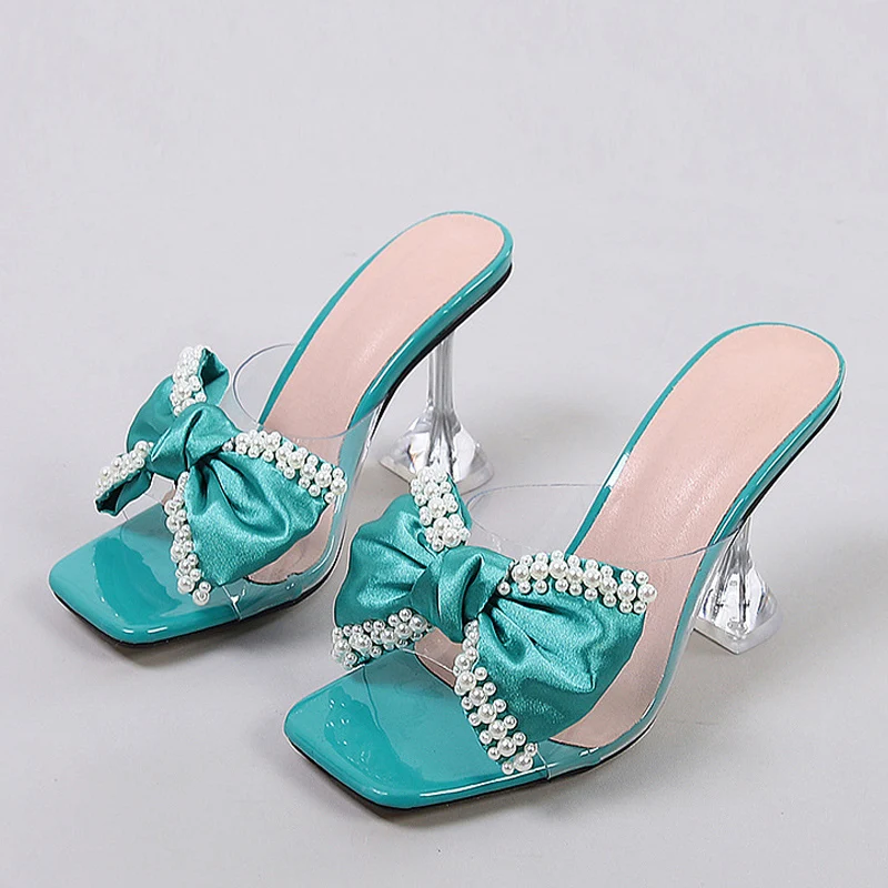 Liyke 2024 New Style Pink Women Slippers Sandals Fashion Pearl Bowknot High Heels PVC Transparent Shoes Summer Mule Slides Pumps