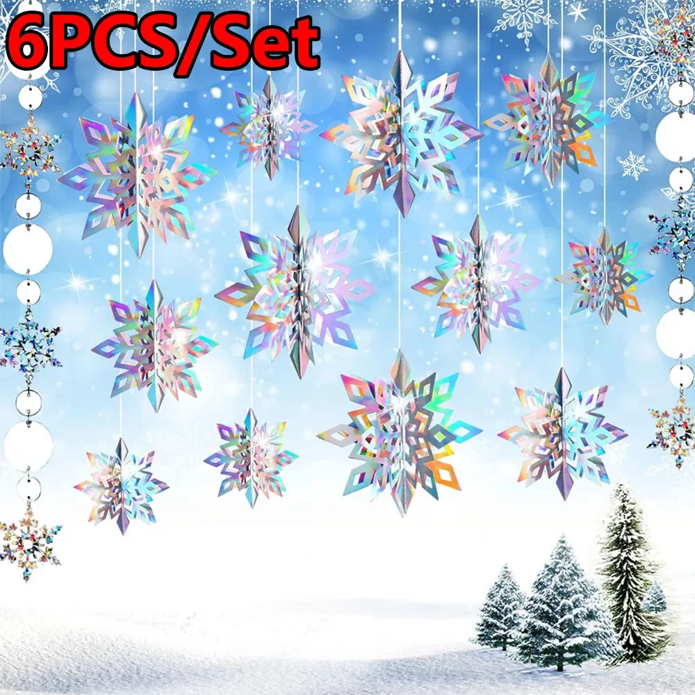 6PCS 15/20/25CM Christmas Snowflake Hanging Decor Accessories 2024 Christmas Tree Ornament Xmas Home Decor Navidad New Year