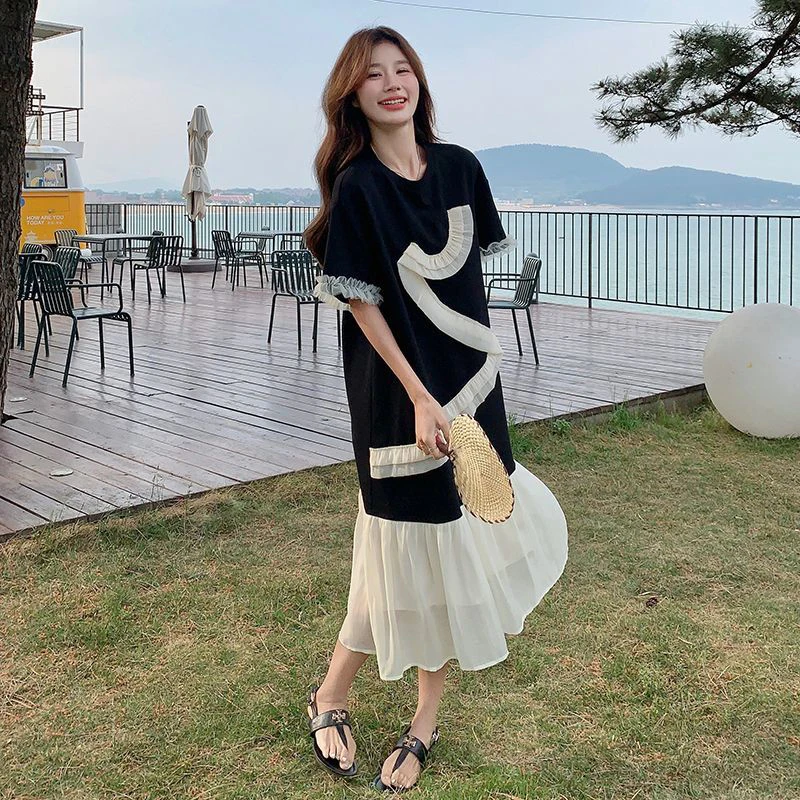 

Summer Mesh Spliced Women O Neck Short Sleeve Mid Calf Dresses Sweet Girls Fashion Simple All-match Loose Clothing Black Dating