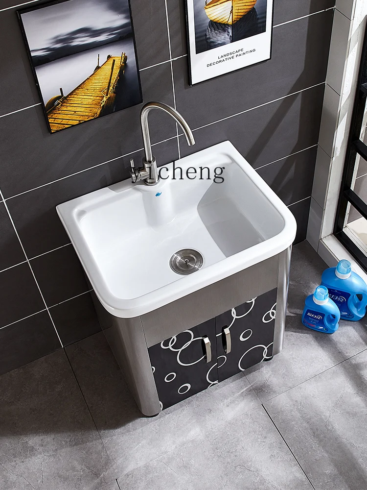 ZK Stainless Steel Laundry Bathroom Cabinet Ceramic Basin Balcony Ark Combination Laundry Tub Basin Cabinet