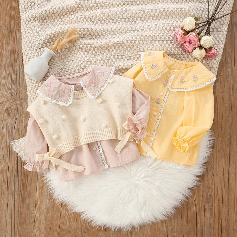 Kxkm-Girl's Western Style Two-Piece Suit Sweet Lace Shirt+Sweater Vest Suit Autumn NewinsFall wear long sleeves