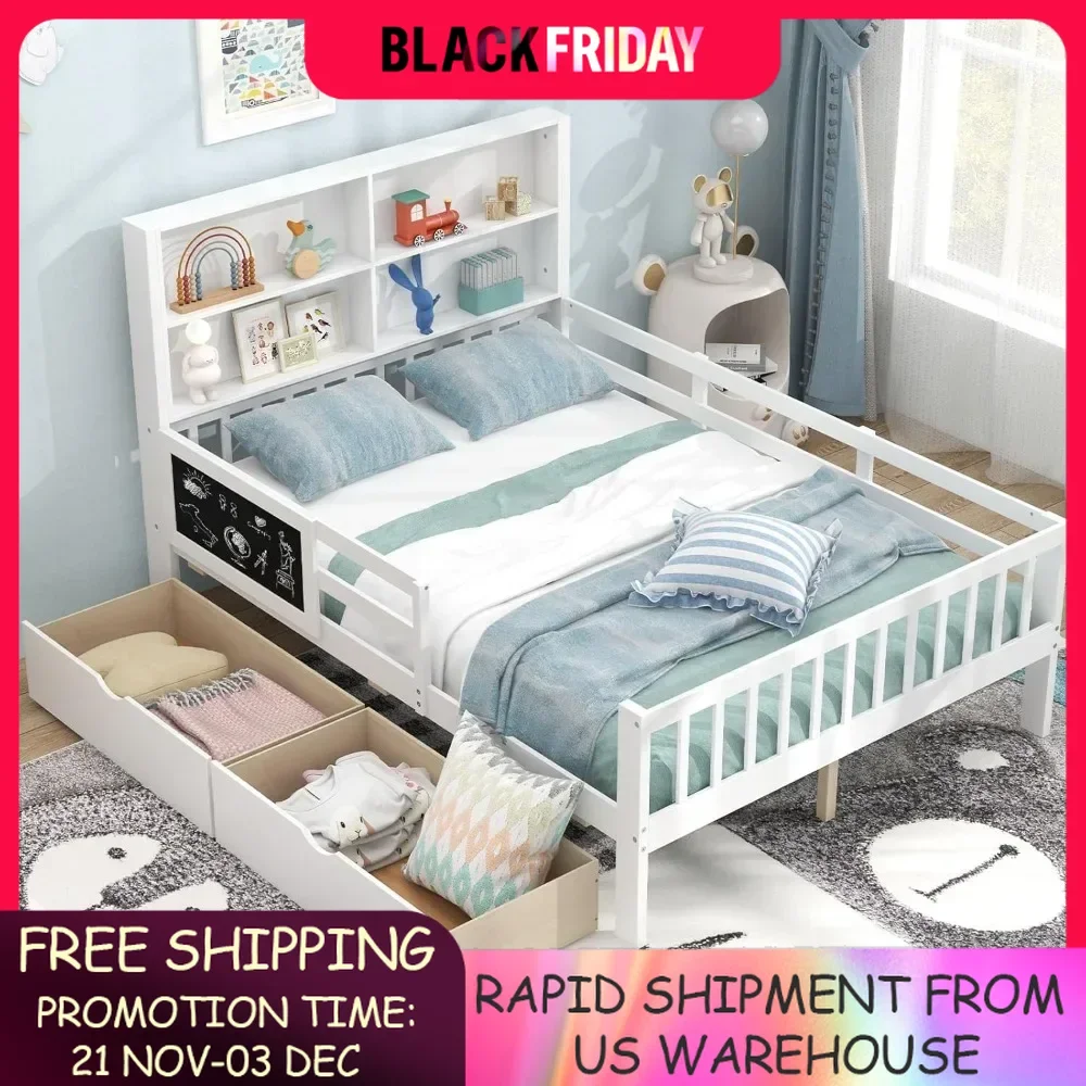 Kids Bed Frame Full Bed with 2 Storage Drawers,Full-Length Guardrails & Wooden Slats Support,Full Size Frame for Kids Boys Girls