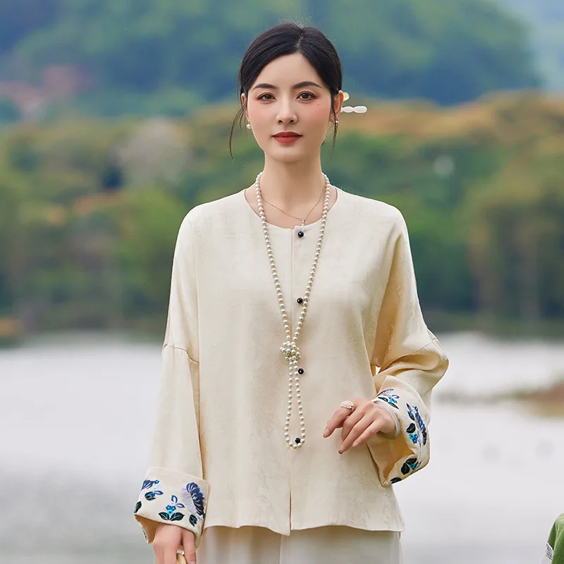 High-end Women Jacket Top Chinese Style Embroidery Jacquard Tang Suit Elegant Lady Loose Coat Female S-XXL