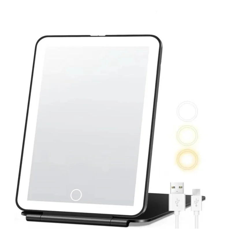 مرآة مكياج للسفر قابلة لإعادة الشحن، مرآة تجميل مضاءة محمولة، 3 ألوان إضاءة، شاشة لمس قابلة للتعتيم، مرآة زينة للمكياج #1