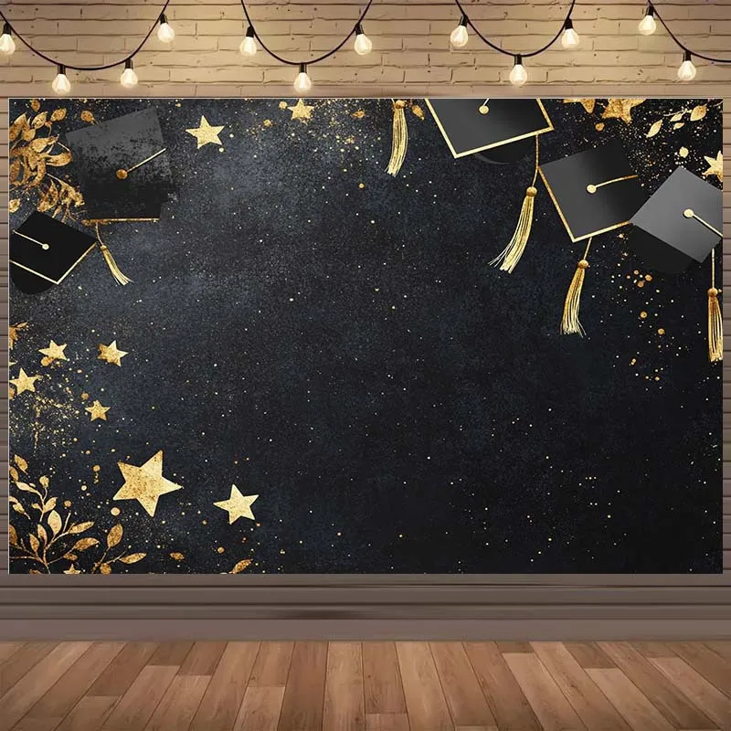Ein Abschluss-Hintergrundstoff, verziert mit Graduierungshüten, Quasten und Sternmustern – elegante Abschlussdekoration – Detail 1