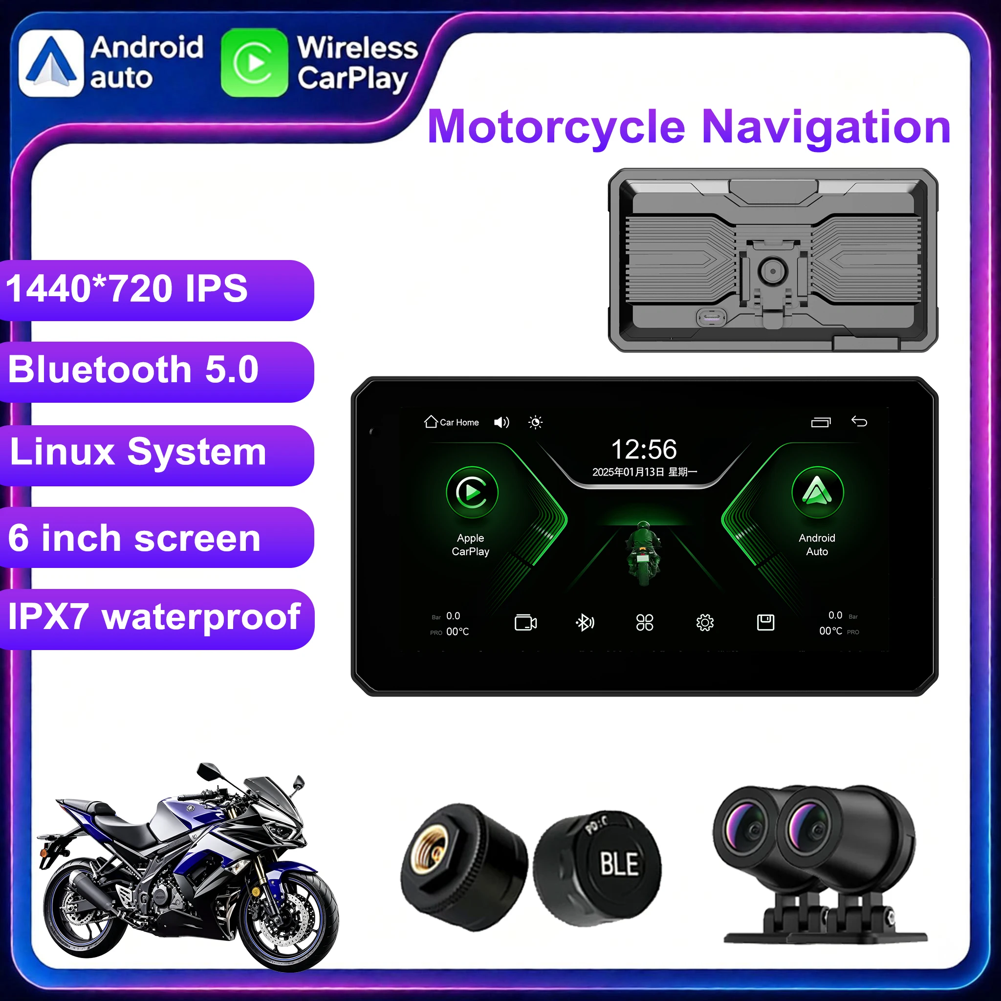 Icreative Portable 6'' Motorcycle GPS Navigation Wireless Carplay Android Auto DVR Drive Recorder Moto Monitor IPX7 Waterproof