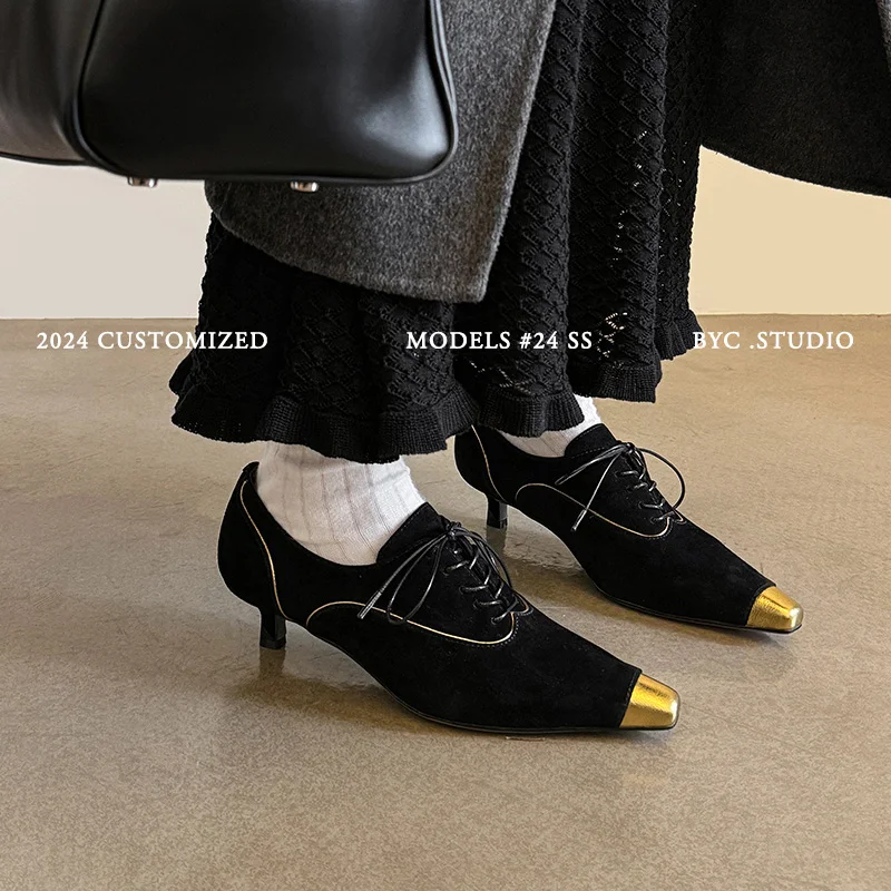 Women Pumps On Heel 4 cm Genuine Leather High Heels Square Toe Dress Basic Pumps Fashion Kitten Heel Ladies Vintage Shoes