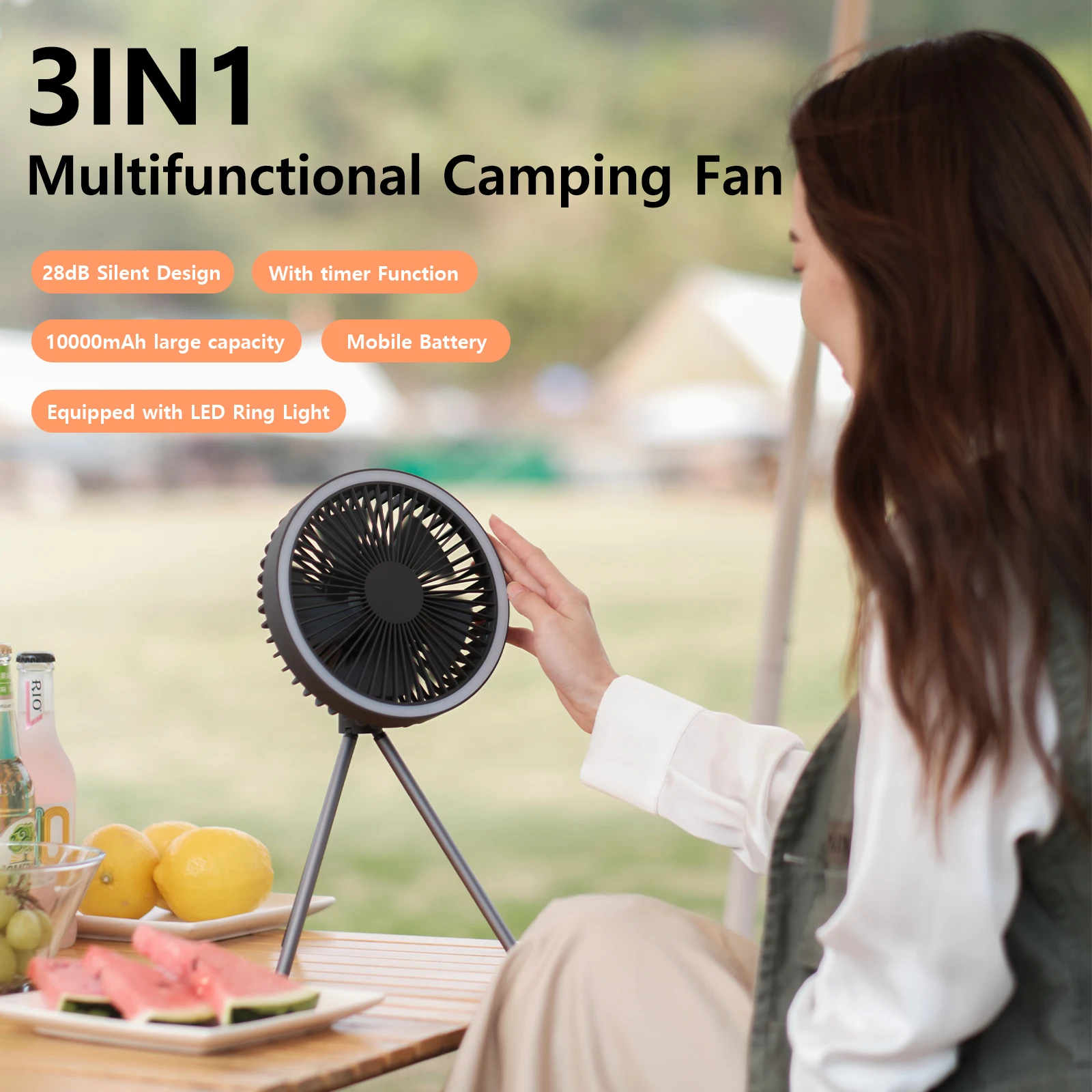 Vissko 10000mAh 4000mAh Camping Fan Rechargeable Desktop Portable Circulator Wireless Ceiling Electric Fan with LED Lighting