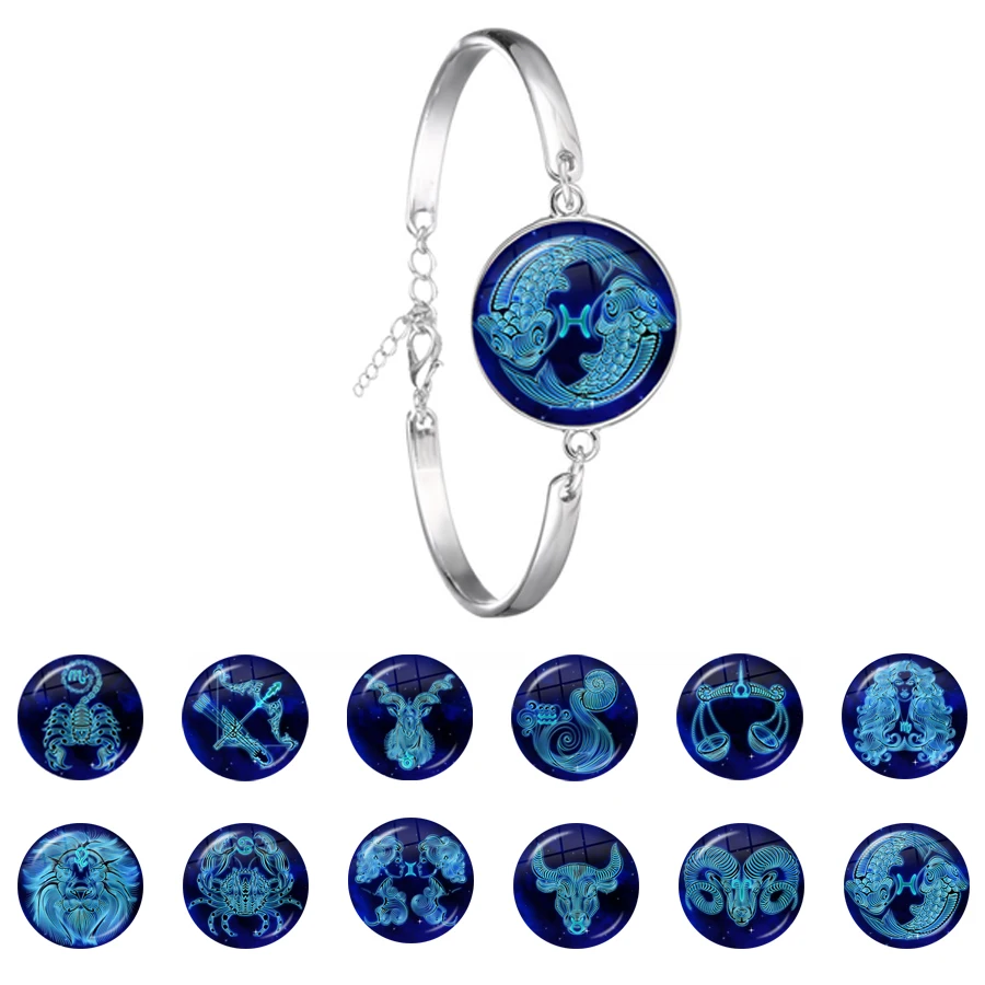 12 Zodiac Signs Glass Dome Constellations Metal Bracelet Fashion Jewelry Women Girls Bangle Birthday Gift