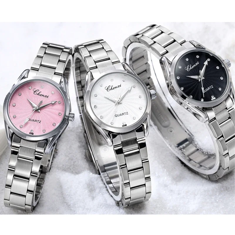 CHENXI Ladies Quartz Wristwatch Round Pink Rhinestone Dial Brand Female Waterproof Stainless Steel Watch Women Dress watches