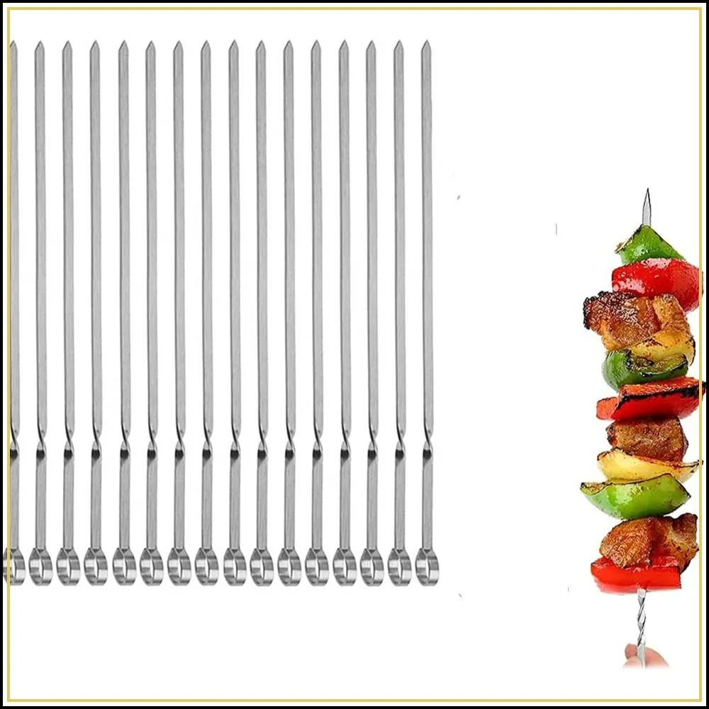 Flat BBQ Skewer Set - 14" Stainless Steel Grilling Skewers for Kabobs, Chicken, Vegetables, and Meat, 16 Pack