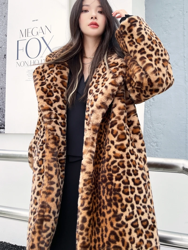 Lady Personalized Leopard Print Faux Fur Coat Female Lapel Jacket Streetwear Women\'s Winter Coats Promotion