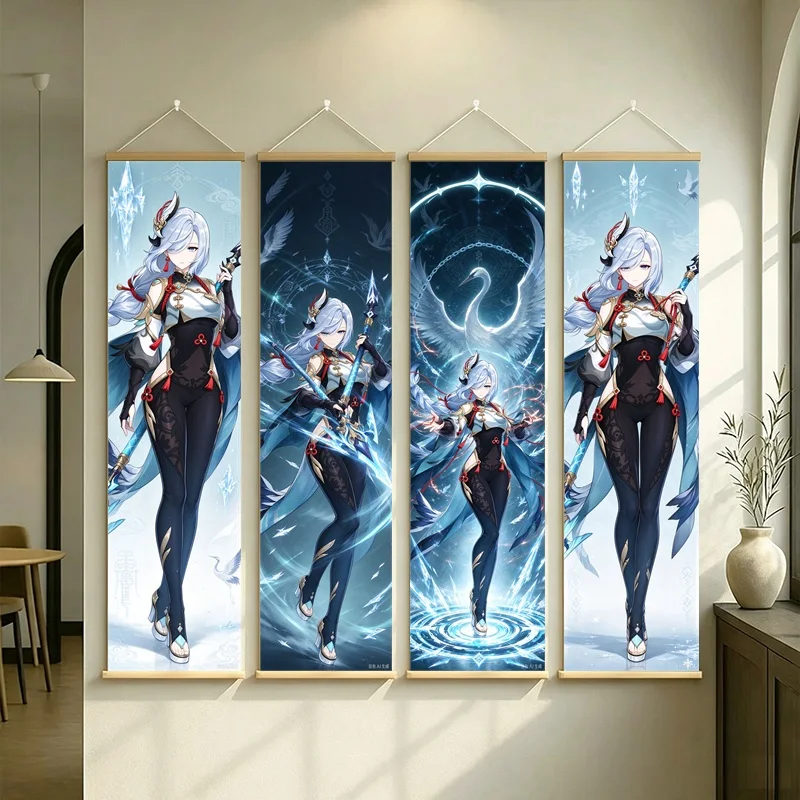 Hanging Scroll Wall Art of Genshin Impact Shenhe with Glowing Icy Blue Motifs on Silver Shimmer Canvas for an Anime Bedroom