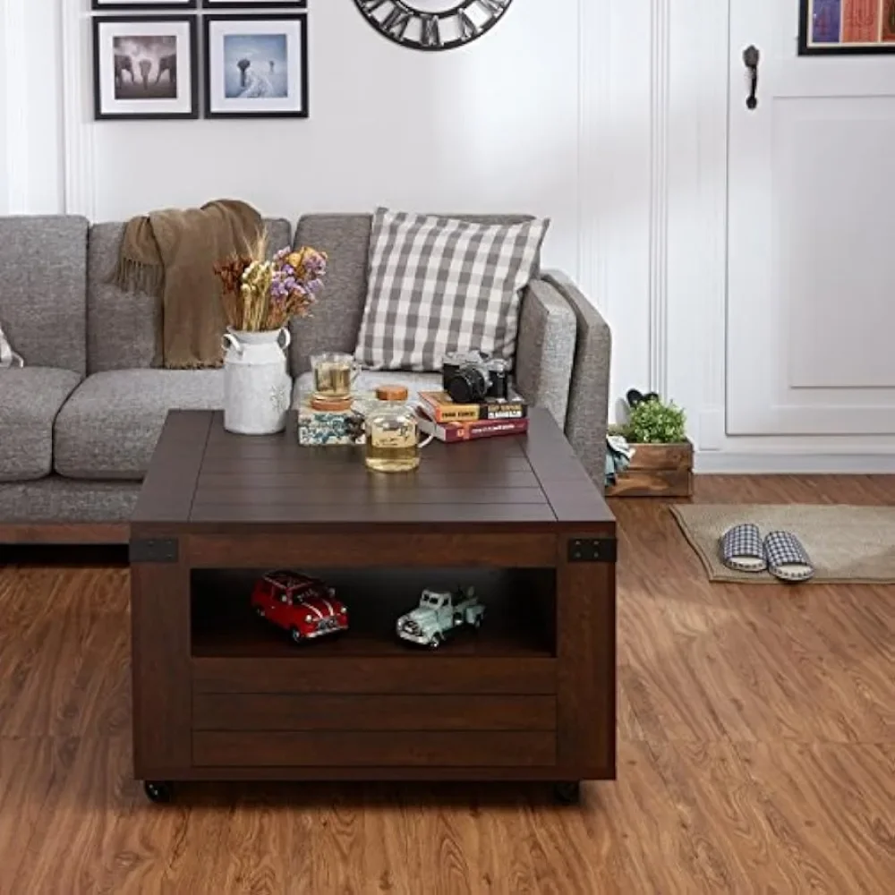 Table Basse Carrée avec 1 Tiroir, 1 Étagère Ouverte, Porte-inspirer et Roulettes, 31 Pouces