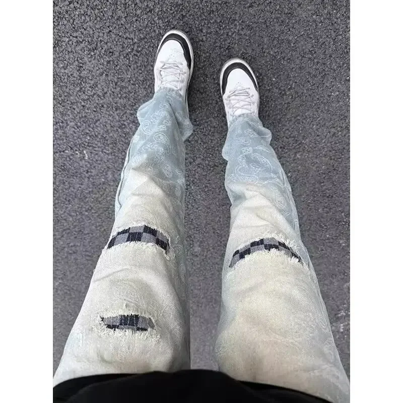 

Loose Jeans High Street Ripped Patch Wide-leg Casual Jeans Trousers Cat Whiskers Old Men's Pants Korean Popular Clothes Man Y2k