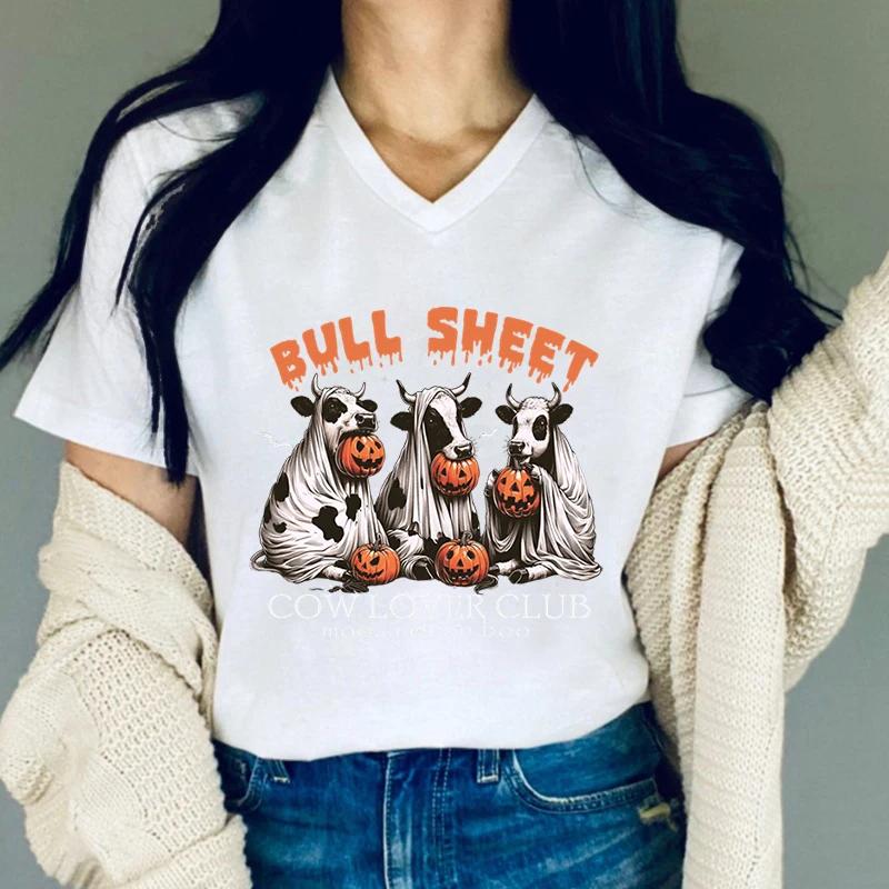 Bull Sheet Cow Lover Club Graphic T Shirts Women Pumpkin Halloween Short Sleeve T-shirt Cow Gift Halloween Fashion Woman T-shirt