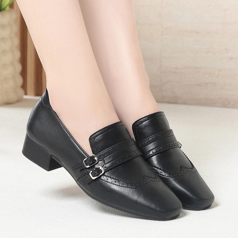 

Womens Vintage Double Buckle Monk Strap Loafers Premium Leather Upper Square Toe Design Brogue Detailing Low Block Heel Comfort