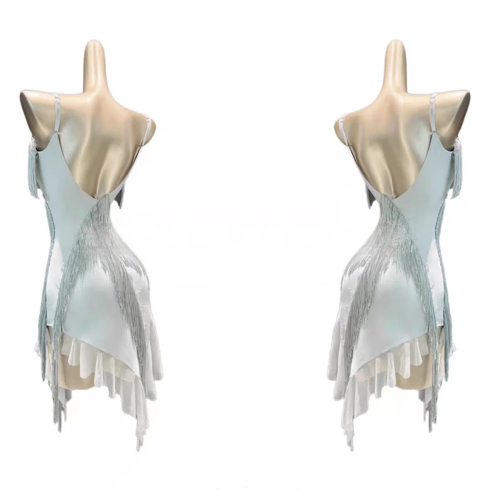 Adult Female Latin Fringe Dance Dress Irregular Tulle Hem Backless Design ChaCha Rumba Stage Performance Dance Outfit view 5