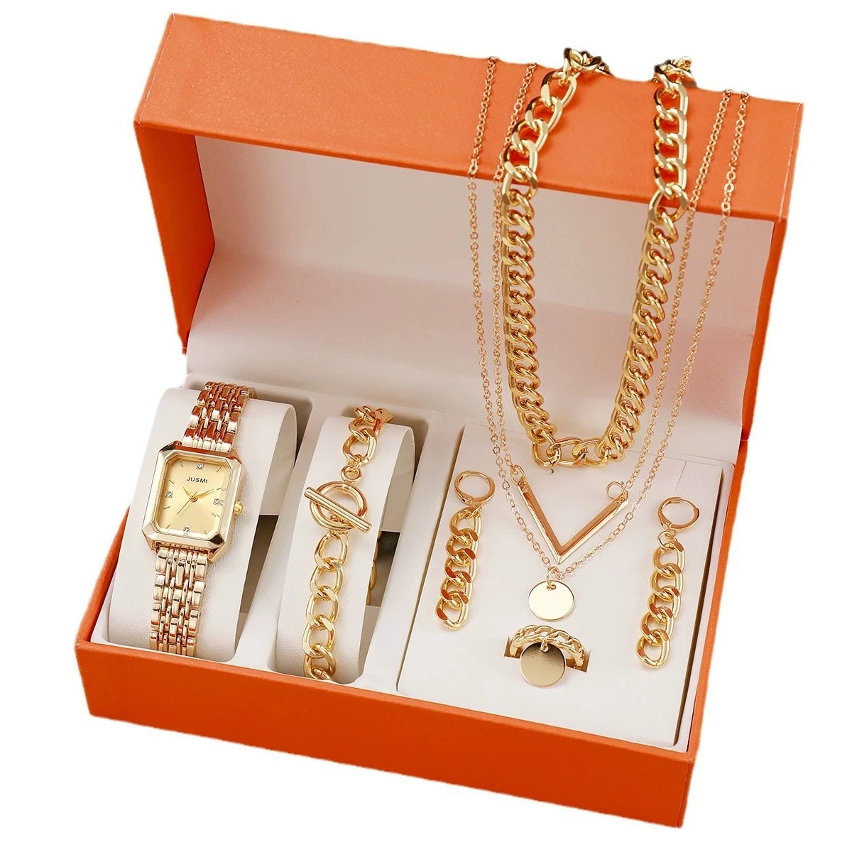 New Women's Chain Bracelet, Chain Earrings, Necklace, Ring, Square Steel Strap Quartz Watch Set, Fashionable And Versatile