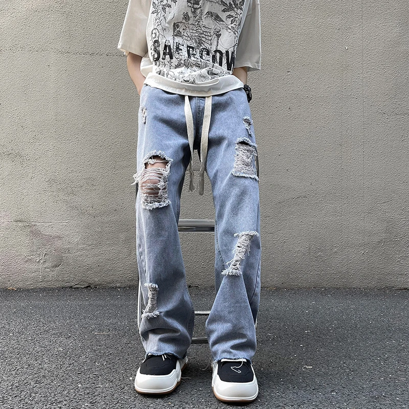 

Summer Thin Men's Straight Leg Jeans Trendy High Street Vintage Ripped Casual American Sle Durable Waed Loose Fit Jeans
