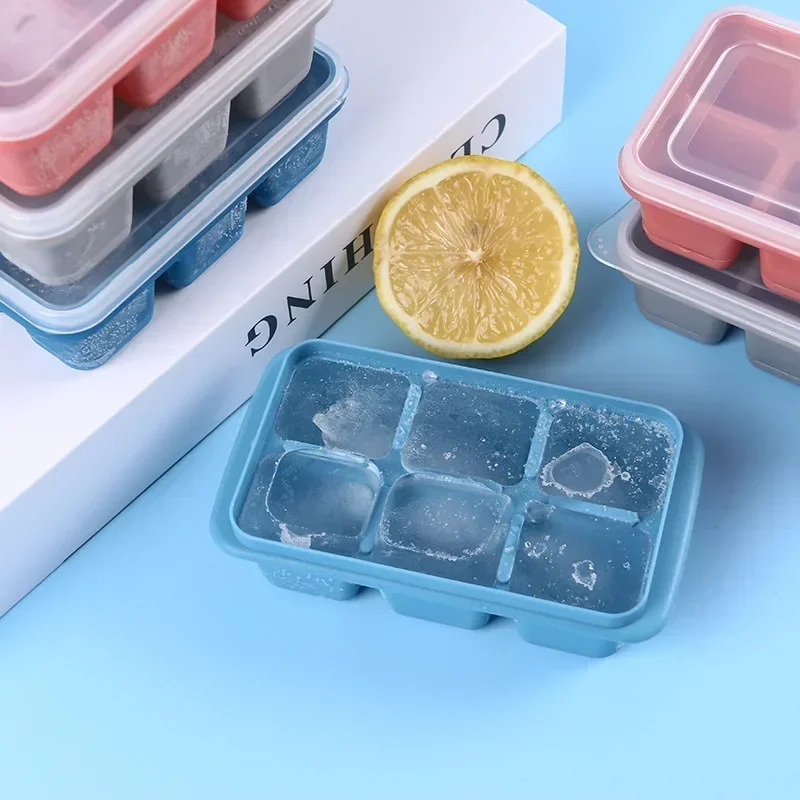 6 Grid Ice Cube Mold Square Tray Food Grade Silicone Soft Bottom DIY Ice Cube Making Box Model Reusable Tool Bar Wine Summer