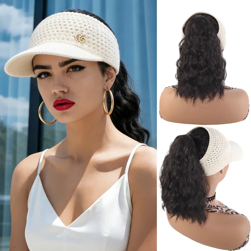 Khaki Hollow - out Visor Wig with Cornrow Curly Hair, Synthetic Fiber, Breathable & Lightweight, Easy to Wear for Summer, Beach