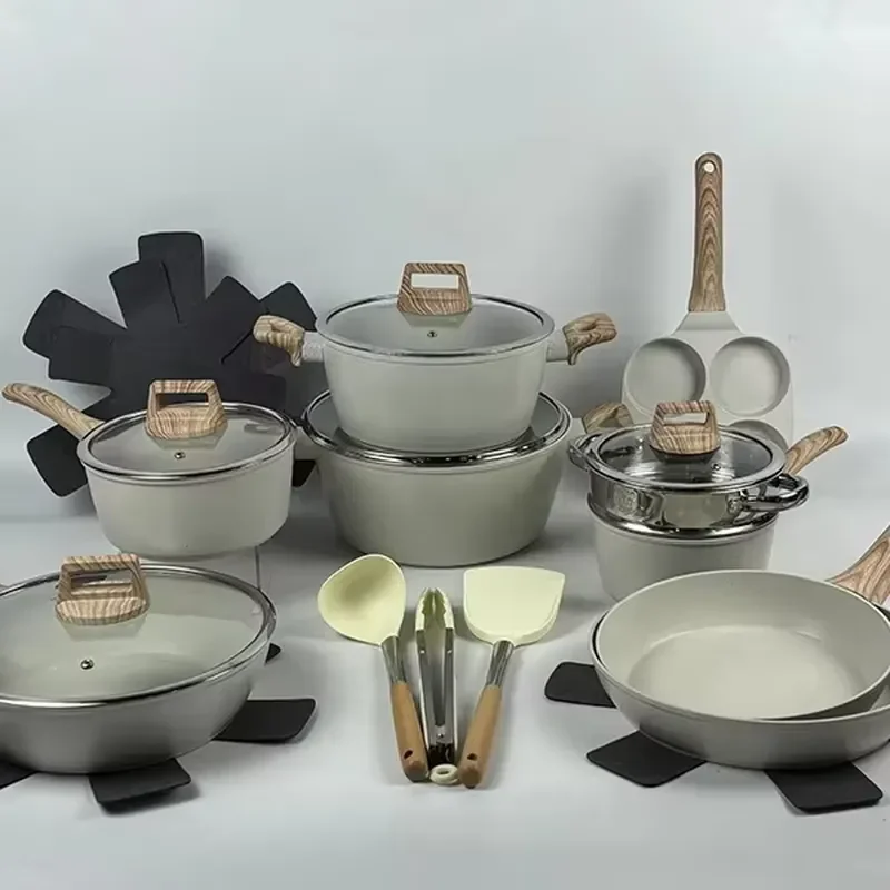 21 PCS Cookware Set Casserole Sauce Pan Fryingpan Pancake Pan Steamer Accessories Non-stick Marble Coating Induction Bottom