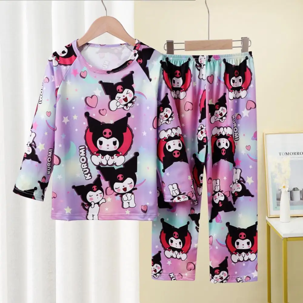 Pijamas Kawaii de Anime Sanrios Kuromi para niños, pantalones de manga larga con melodía Cinnamoroll de estilo fino de verano, regalo para el hogar para niños y niñas de dibujos animados