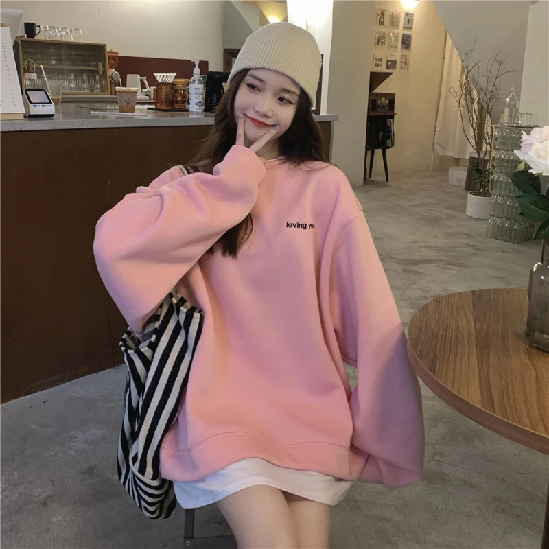 Korean Style Letters Embroidery Sweatshirts Women Loose O-neck Long Sleeve Tops Fake Two Pieces Splicing Office Lady Pullovers