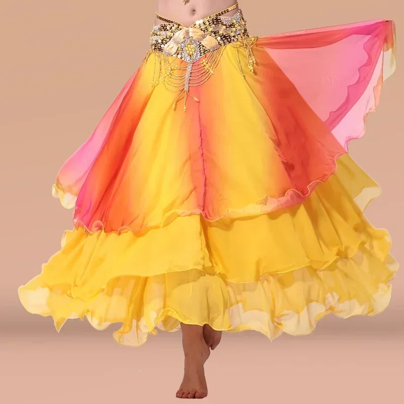 Buikdansrok Simulatie Zijde Kleurverloop Drielaagse rok Dames Dansvoorstelling Oefenkleding Grote schommelrok