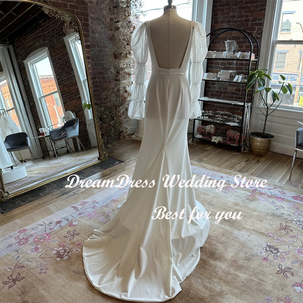 DREAM Customized Simple Long Puff Sleeve Mermaid Wedding Dress Square Collar Backless Sweep Train Bridal Gown Boho 2025