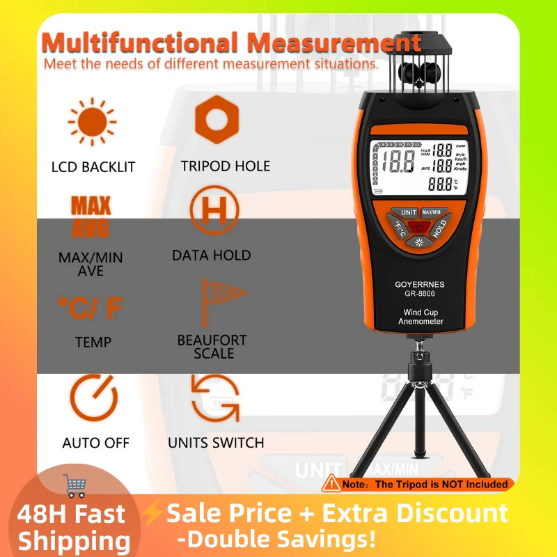 

New Cup Anemometer Portable High Accuracy 0.7-42m/s Wind Speed meter&Temperature LCD Backlight MAX/MIN Records Tripod Compatible