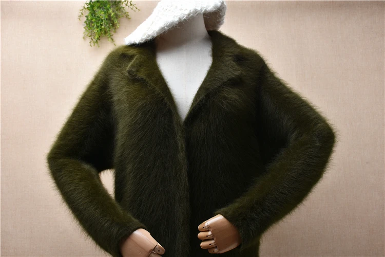 female women fall winter hairy mink cashmere knitted suit collar long sleeves loose cardigan mantle angora fur coat sweater pull