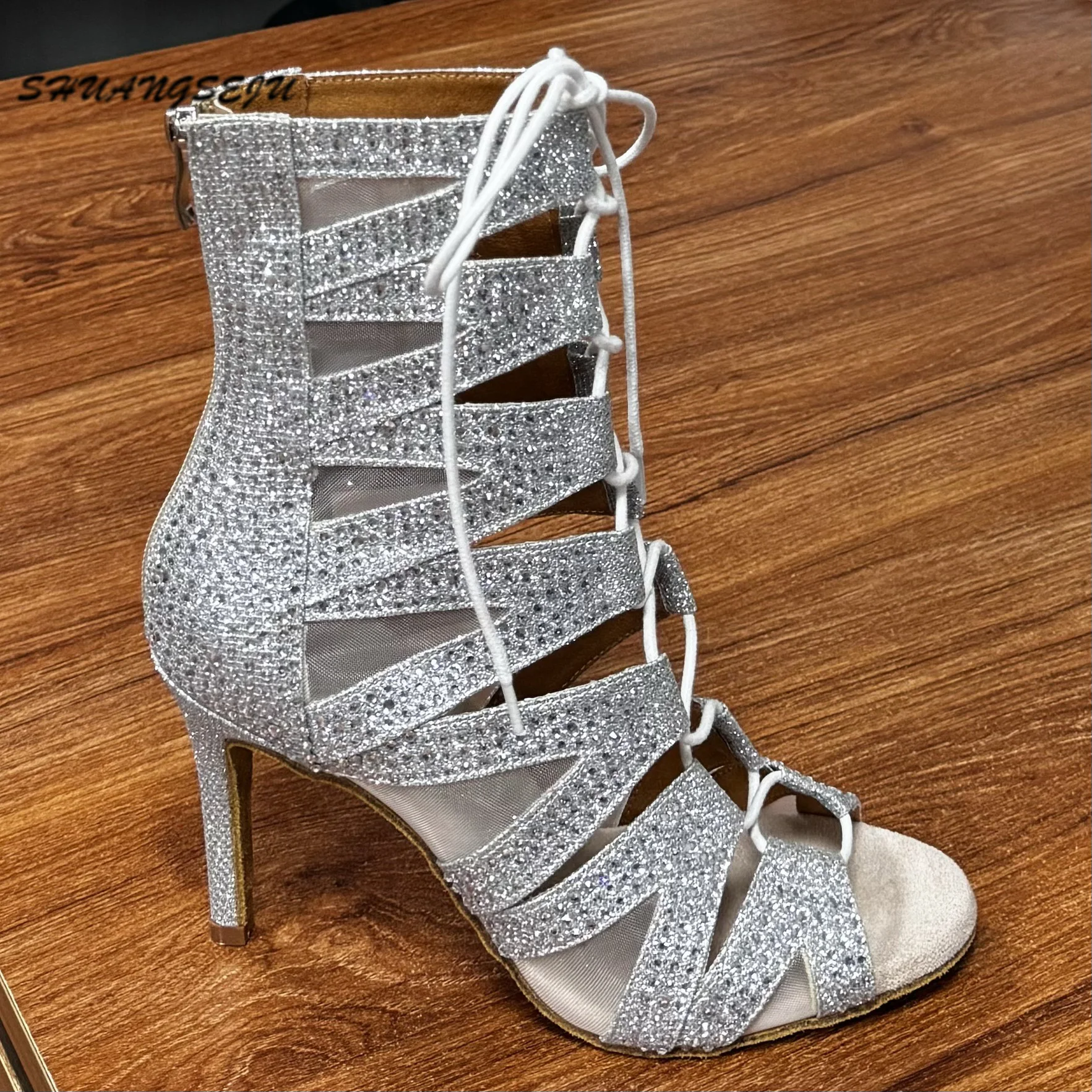 SHUANGSEJU Silver Glitter Shiny Latin Salsa Bachata Performance Dance Shoes High Heels Jazz Dance Boots Fish-Mouth Sexy Goddess