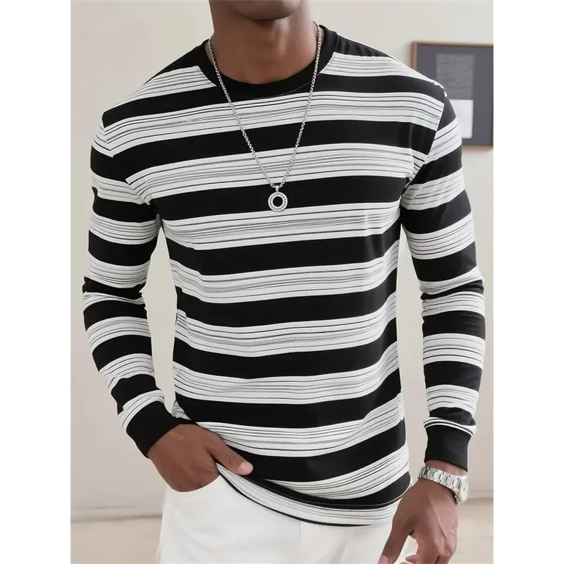 3D Printed Casual Long Sleeve Retro Striped Graphic T Shirts For Men Simple Fashion Spring Autumn Oversized Tees Tops 2026