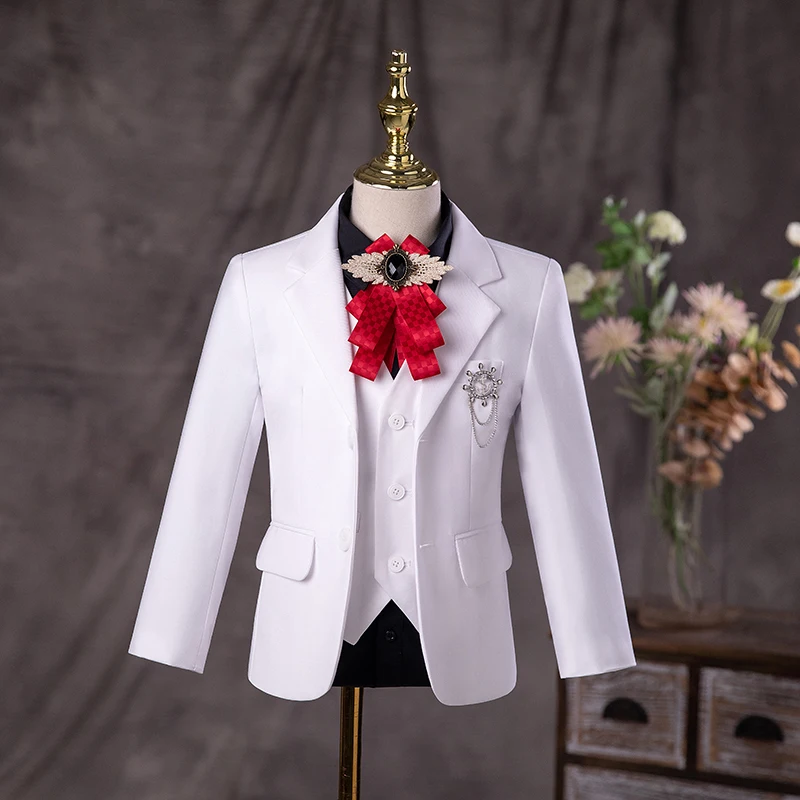 Flower Boys Formal White Baptism Suit Kids Jakcet Vest Pants 3PCS Wedding Dress Children Birhtday Photograph Performance Costume