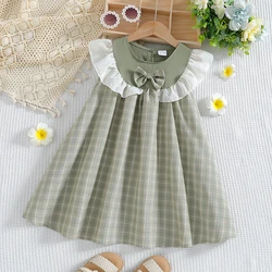 Dresses For Girls Summer Sleeveless Plaid With Bow Casual Dress Children 1-6Y