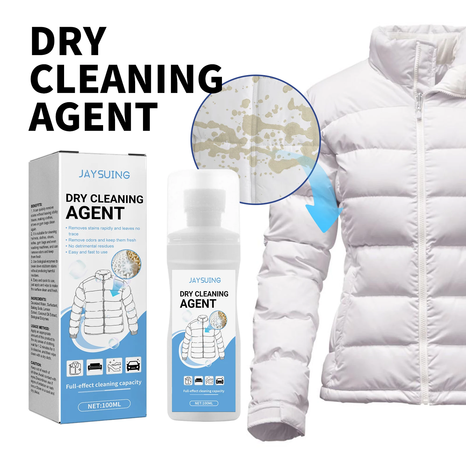 JAYSUING Fabric dry cleaning agent powerful decontamination convenient and fast for clothes, small white shoes, no need to wash